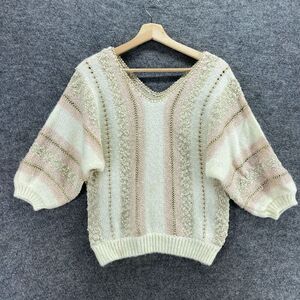 Vintage Pretense Sweater Pullover Women S Small White Striped Nylon Knit V-Neck